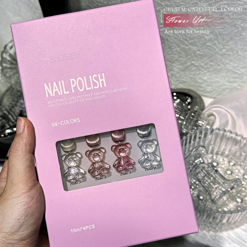 

Vendeeni 4 Colors/set Pink Crystal Cat's Eye Gel Nail Polish UV LED Soak Off Magnetic Gel Lacquer Varnish With Color Card