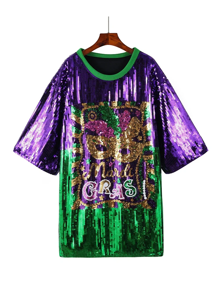 Mardi Gras Queen brillant violet vert jaune masque couronne imprimé paillettes t-shirt robe ample surdimensionné paillettes tunique haut