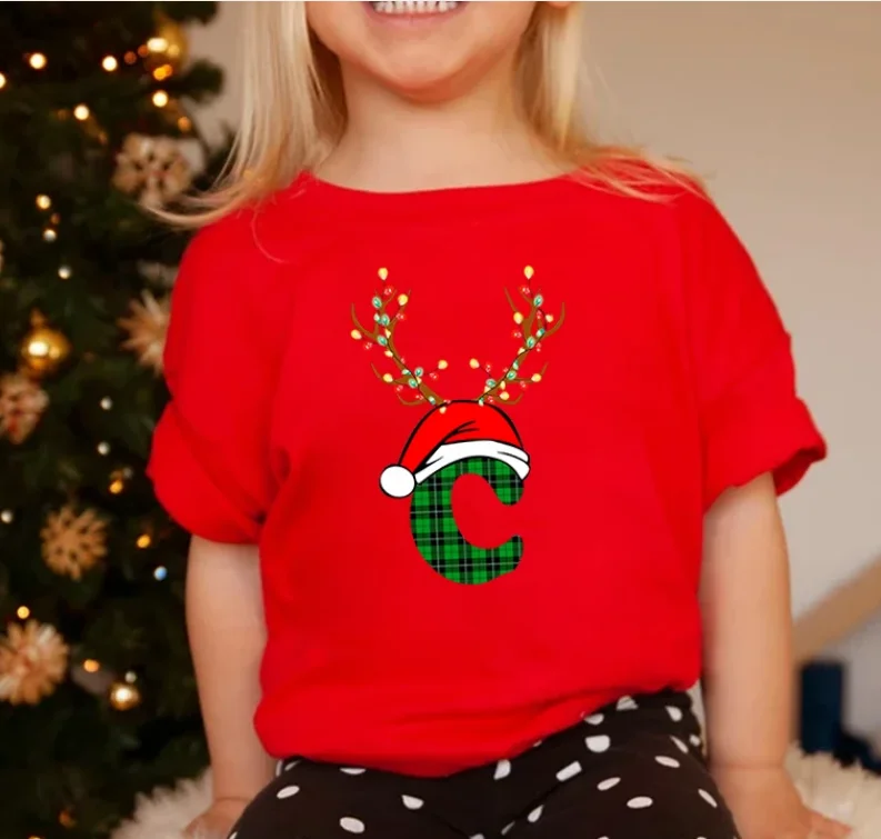 Cerveja de Natal infantil com chapéu, camisetas com estampa alfabética xadrez, tops de manga curta, moda, 2024