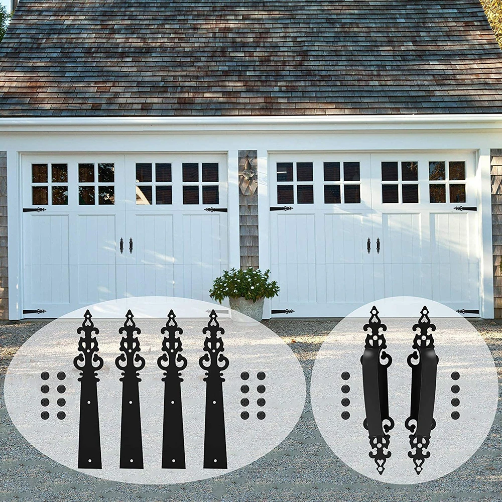 LWZH Decorative Carriage House Garage Handle Hinge Set Sliding Barn Door Hardware Kit Screw Mounted 2 Handles 4 Hinges