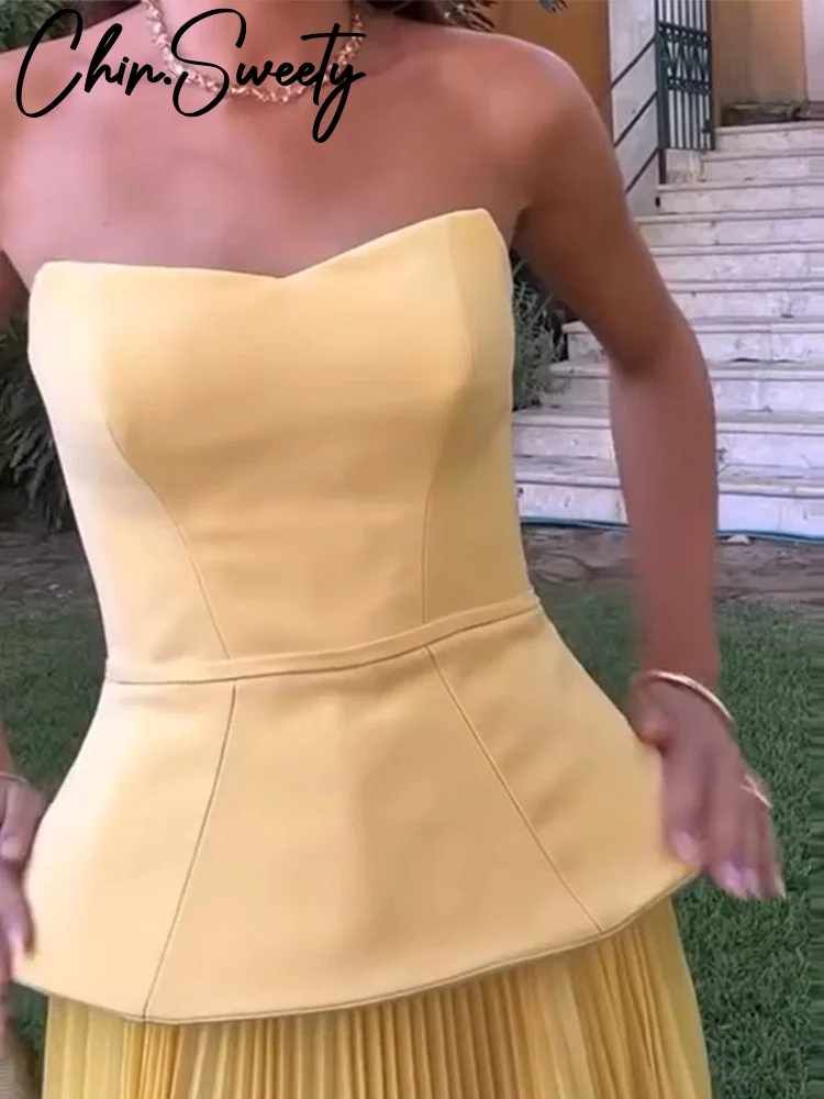 

Fashion Yellow Tube Top Pleat Skirts Sets Women Sleeveless Backless Tops Long Pleated Skirt 2025 Summer Lady New Street Outfits
