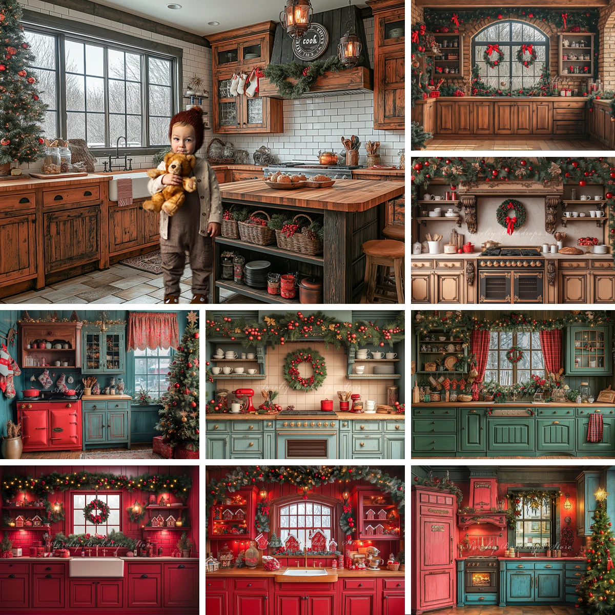 Christmas Kitchen Backgrounds Adult Family Photography Props Child Baby Decors Wooden Cabinets Photo Studio Backdrops