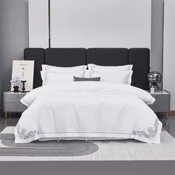 Luxury Soft Hotel 600TC Cotton Bright White Duvet Cover Set Chic Gray/Gold Embroidery Queen Super King Flat Sheet Pillowcases