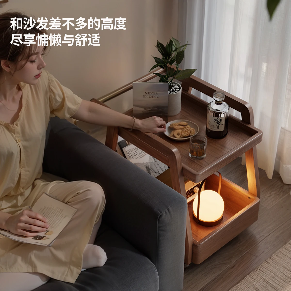 Solid wood stylish sofa side table, mobile coffee table with wheels, sofa side table, bedside table, nightstand, living room