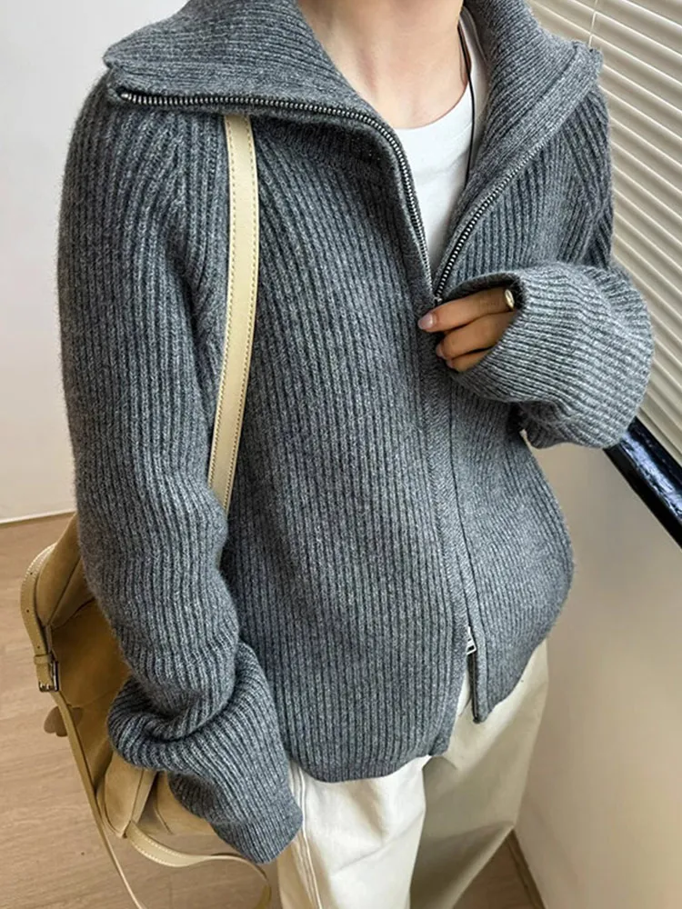 편안한 단색 니트 울 스웨터 더블 지퍼 롱 스웨터 패션 탑 안티에이징 니트웨어 슬리 카디건