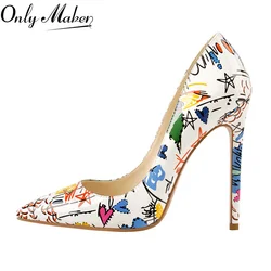 Onlymaker Women Pumps Graffiti Printing Pointed Toe 12cm High Heel Classical Sexy for Party Big Size Heels