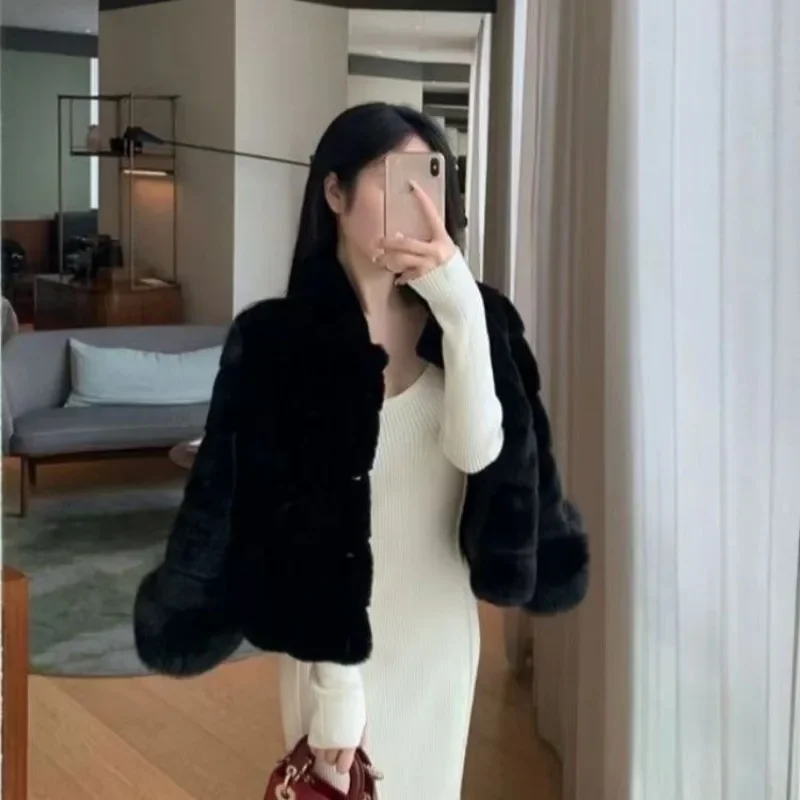 Kimotimo Elegant Fur Jacket Women 2024 Autumn Winter Fashion All Match Short Coats Korean Thick Warm Long Sleeve Tops Jaquetas