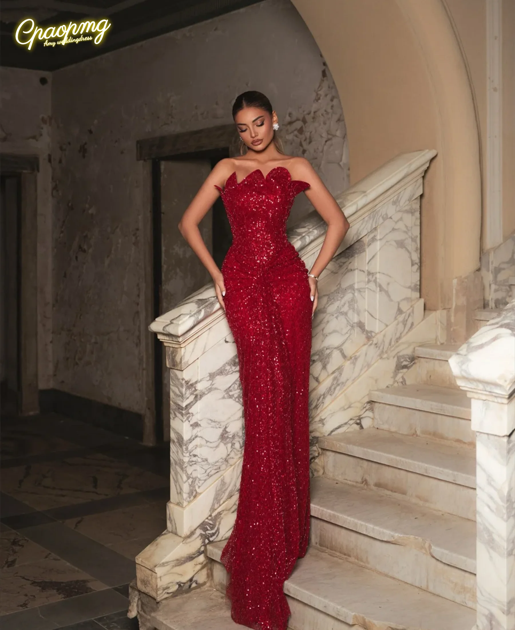 

Новые вечерние платья русалки с блестками по индивидуальному заказу, элегантное блестящее платье без бретелек Vestido de Noche, расшитое бисером, вечернее платье для выпускного вечера с высоким разрезом