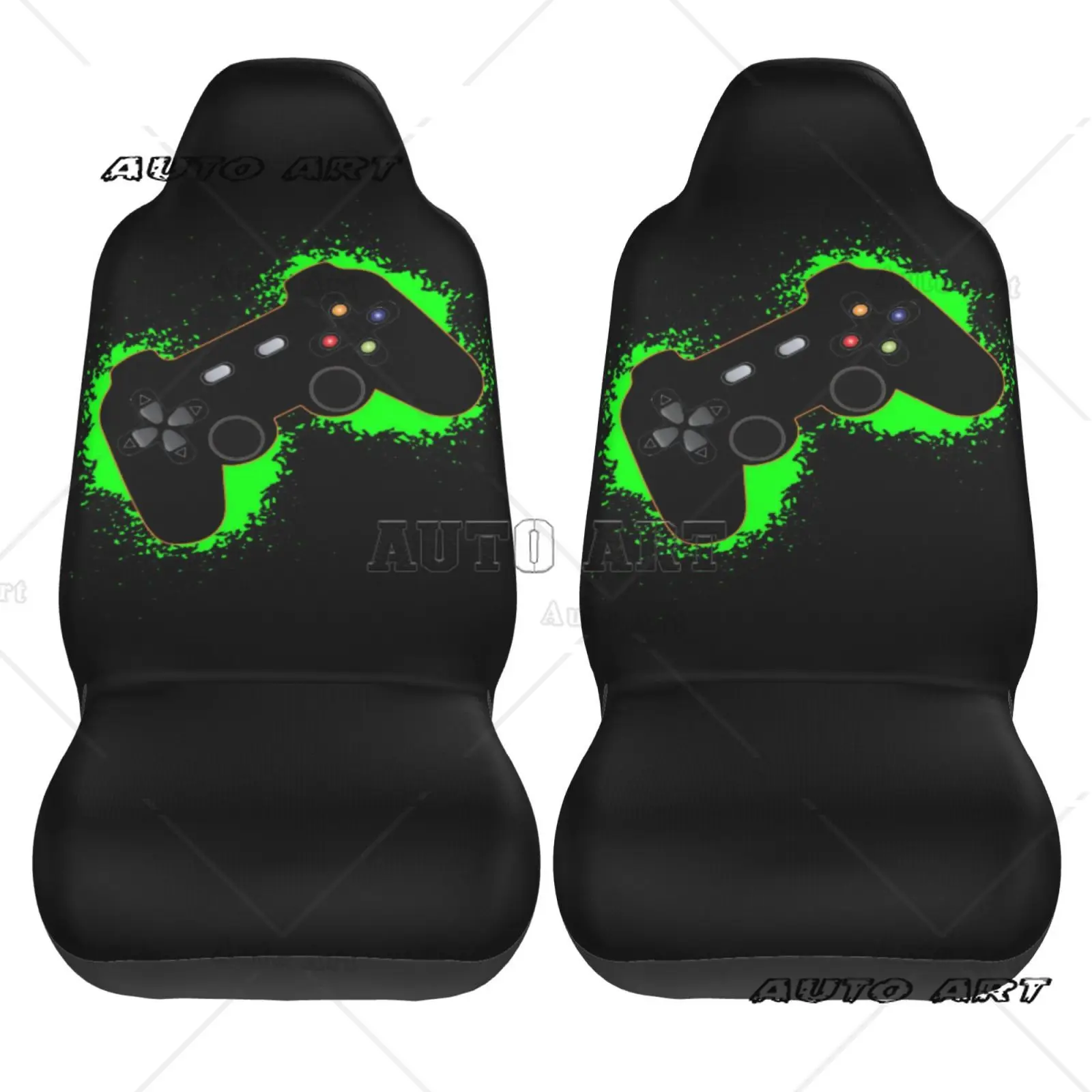 Green Black Gaming Controller Orange Outline Car Seat Cover 2pcs Printing Universal Front Protector Accessories Cushion Set