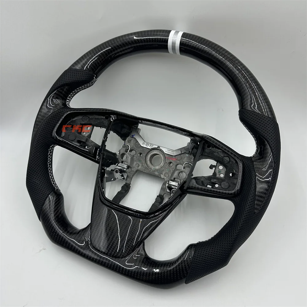 For 2019 Honda CRV Customized Black Carbon Fiber Perforated Leather White Silver Strip White stitch Steering Wheel