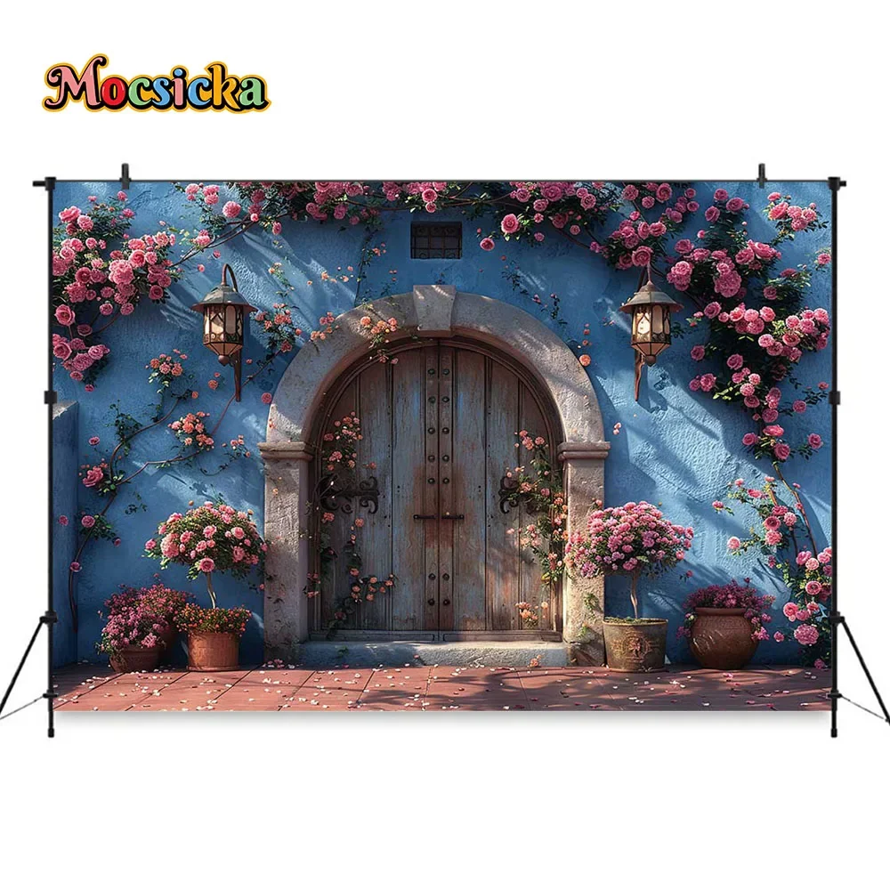 Fondo de fotografía para fiesta de cumpleaños de niña, decoración de flores rosas arqueadas, pared azul, puerta de madera, telón de fondo, espectáculo nupcial, foto al aire libre