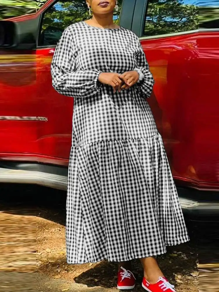 2024 VONDA Bohemian Plaid Sundress Women Autumn O-Neck Long Sleeve Ruffled Maxi Long Dress Elegant Casual Loose Vintage Vestidos