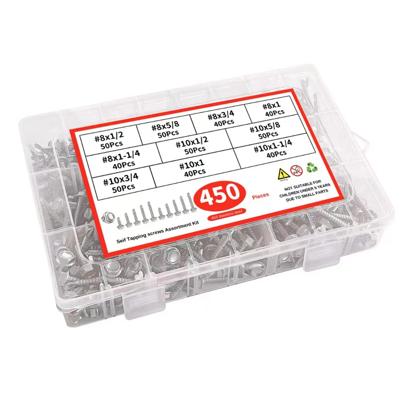 450 قطعة 410 مسامير حفر ذاتية من الفولاذ المقاوم للصدأ # 8 # 10 مجموعات متنوعة من البراغي المعدنية ذات الرأس السداسي بطول 1/2 بوصة إلى 1-1/4 بوصة #5