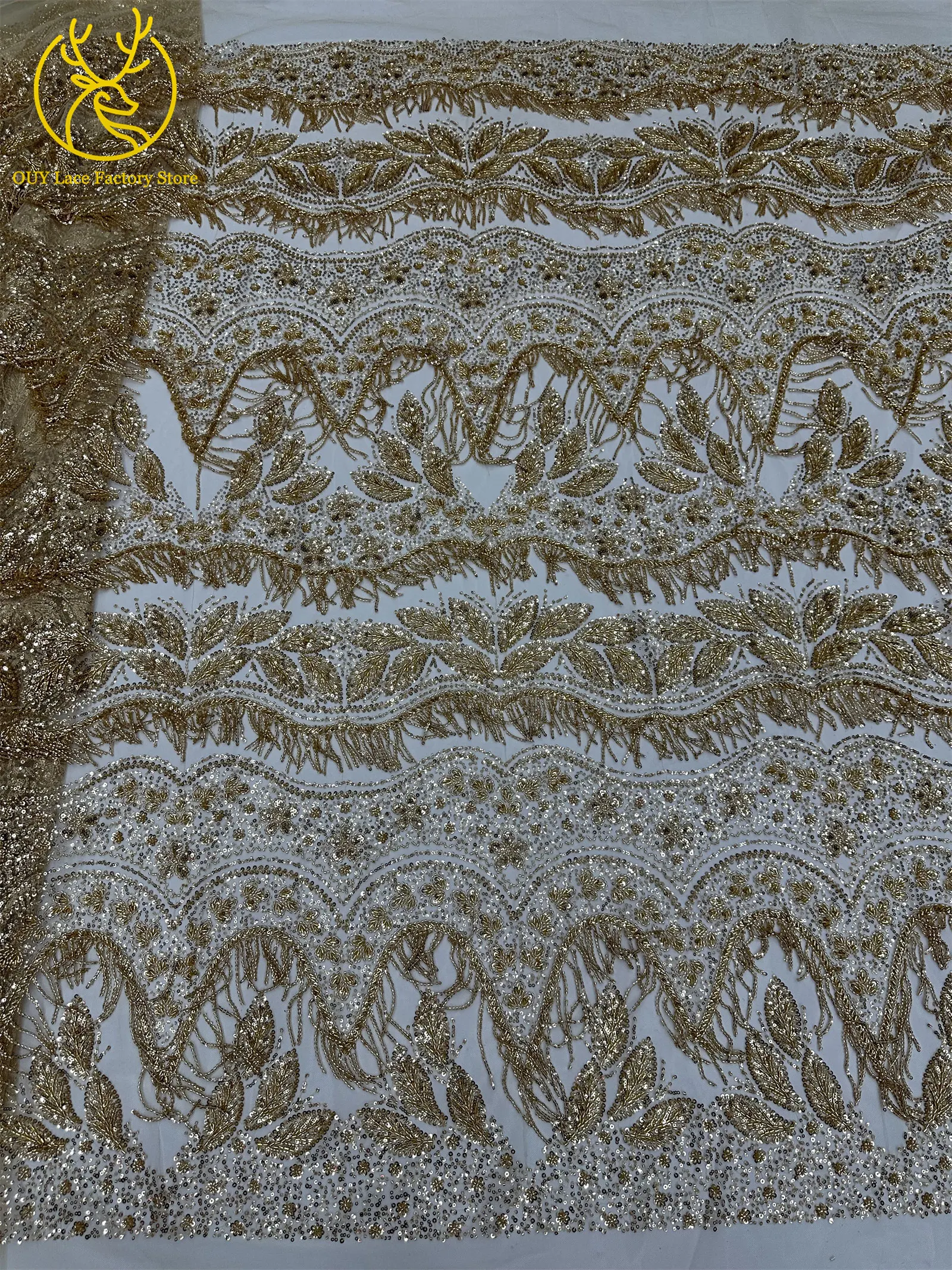Goldener 3D-Hängeperlen-Spitzenstoff, hochwertiger afrikanischer Spitzenstoff, luxuriöser französischer Tüll mit Pailletten für Hochzeits- und Partykleider – Detail 6
