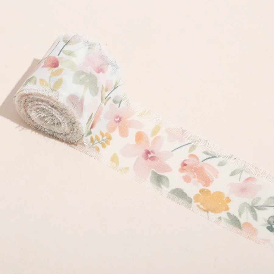 1 Rolle 5m*4cm Ausgefranstes Satinband mit handbedruckten Blumen aus Chiffon-Seide für Hochzeitssträuße, Geburtstagsfeiern und DIY-Dekorationen – Detail 5