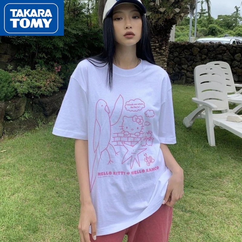 

TAKARA TOMY100% Cotton Summer New Hello Kitty Sweet and Cute Printed Couple Short-sleeved Student Over Sized Breathable T-shirt