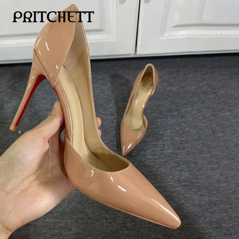 Nude Patent Leather High Heels Pointed Toe Stiletto Heels Side Hollow Professional Shoes Large Size Fashionable Women's Shoes