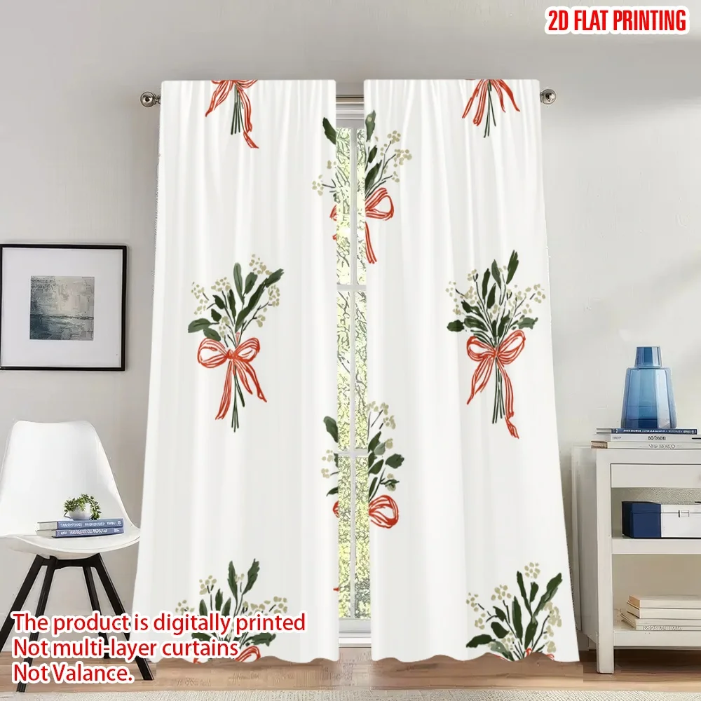 

2pcs 2D flat printing Christmas Scene Curtains Christmas Mistletoe Bows Digital Printed Polyester Drapes Family Party for