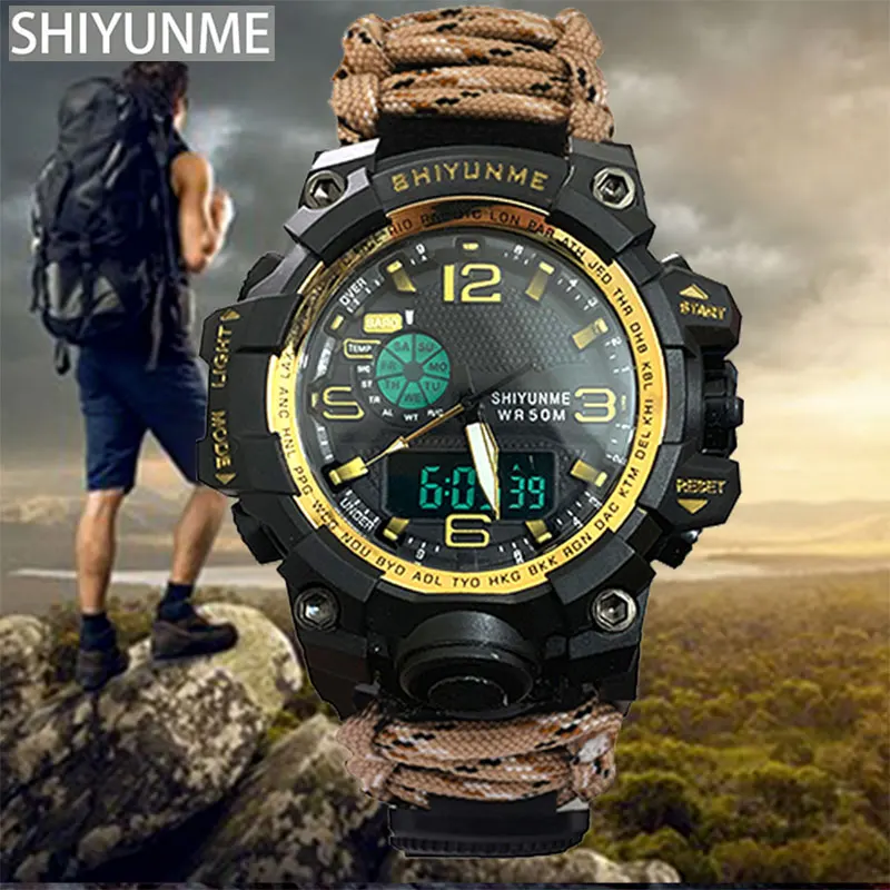 SHIYUNME G Style Men Sports Watches Outdoor Camping Compass Thermometer Waterproof Electronic LED Quartz Dual Display Wristwatch