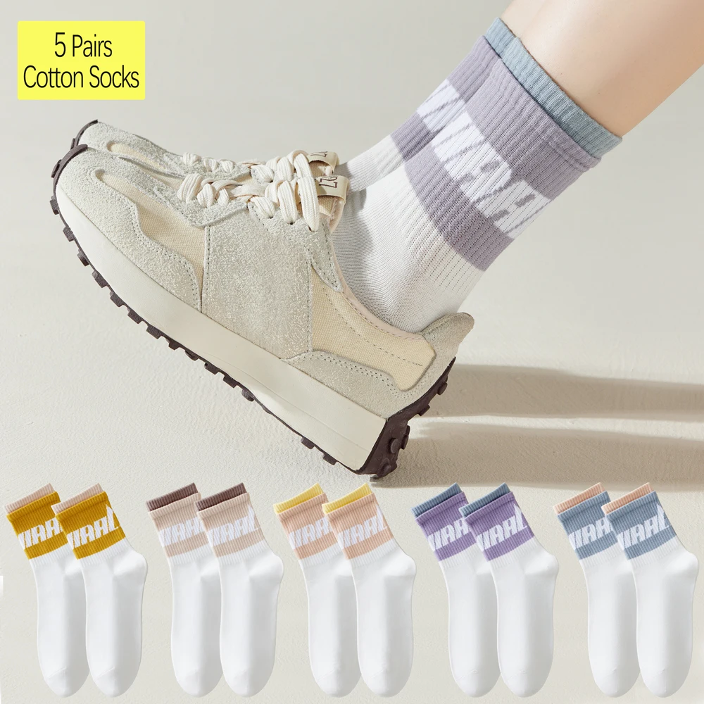 

5 Pairs Fashion Colorful Athletic Socks Breathable Cotton Mid Calf Socks for Women Sweat Absorbing Cycling Running Socks
