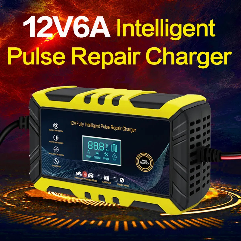 Car Battery Charger 12V 6A EU Plug Intelligent Display Pulse Repair Short-circuit Protection Auto Lead Acid Battery Charger