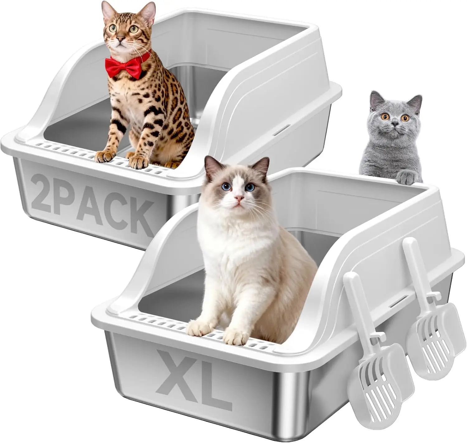 

XL Stainless Steel Cat Litter Box, High Sides, Non-Stick, Easy Clean, Gray 2-Pack with Scoop