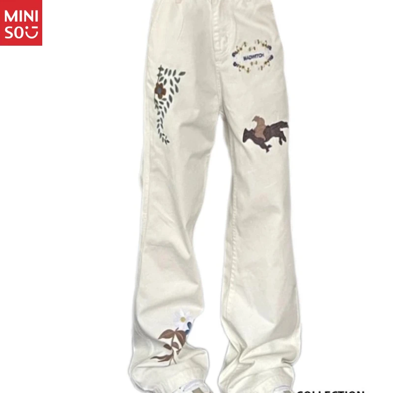 

Белые джинсы с вышивкой Miniso больших размеров, уличный джинс 2025 года, свободные прямые брюки