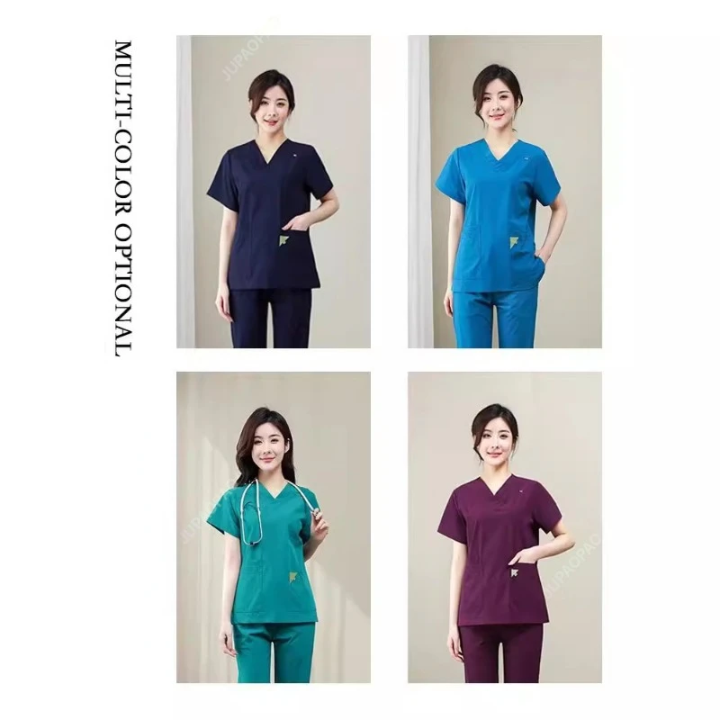 Trajes de trabajo de enfermera con cuello en V, uniforme de fregado para sala de operaciones, conjunto de ropa de trabajo de médico, pantalones superiores, uniformes de Enfermería de Color sólido, mujeres y hombres