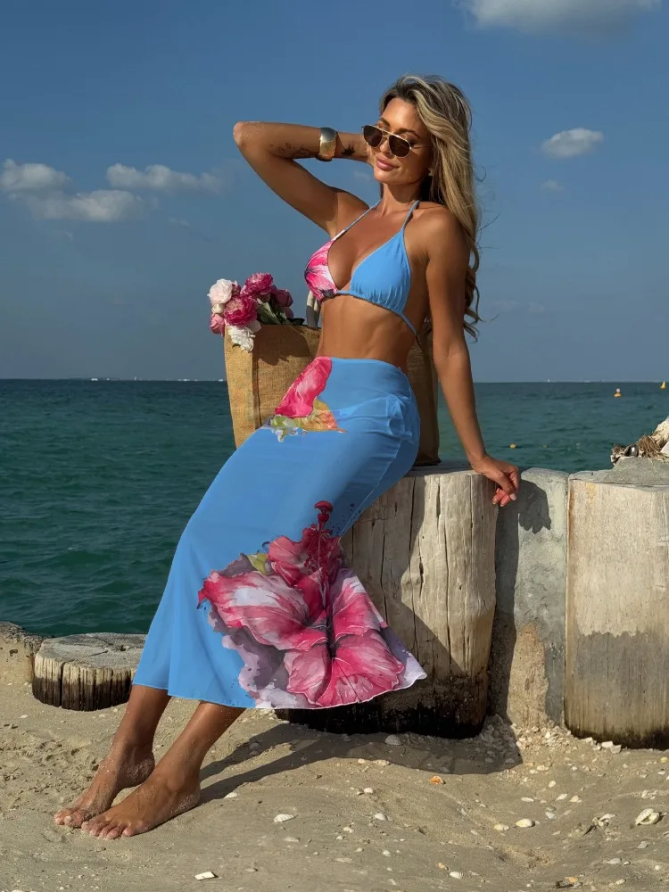 Letni Damski Seksowny Biały Strój Kąpielowy Bikini 3-częściowy z Kwiatowym Nadrukiem, Siateczkowa Długa Spódnica, Push Up, Strój Plażowy na Wakacje, Nowość 2025