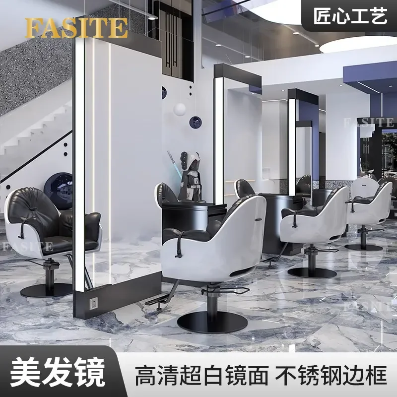For Hair Barber Shop Floor Mirror Table with Lamp Double Sided Perm Dye Cutting Station Professional Beauty Furniture