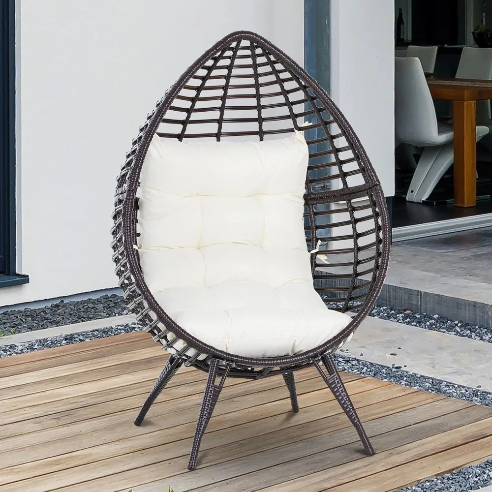 

Patio Wicker Egg Chair w/Soft Cushion, Teardrop Cuddle Seat, Outdoor/Indoor Patio Chair,with Adjustable Height Feet Pads, Beige