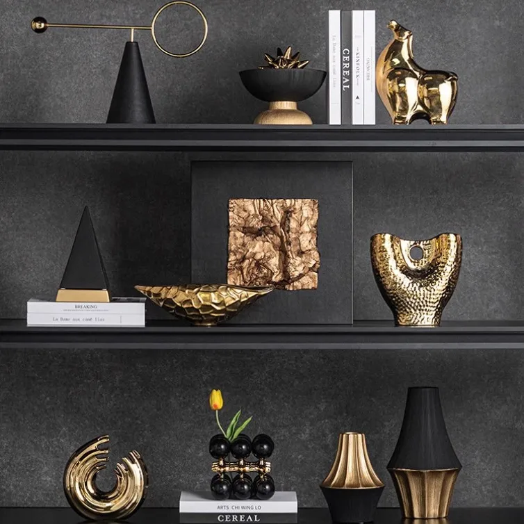 

Gold geometric artwork ornament living room wine cabinet model room open grid bookshelf decoration