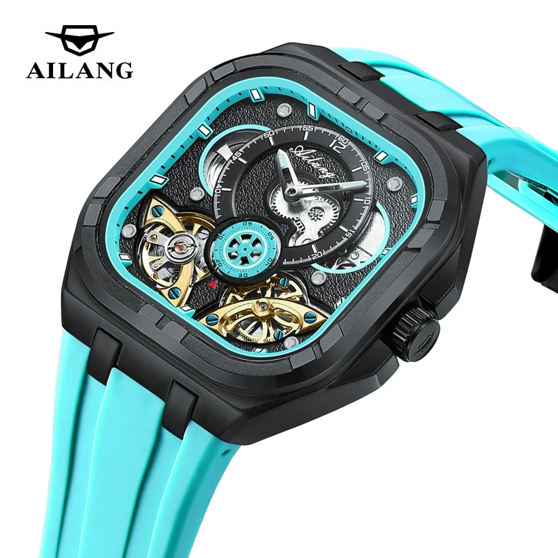 

AILANG Роскошные механические часы со скелетом для мужчин, автоматические часы с турбийоном, спортивный силиконовый ремешок, водонепроницаемые мужские наручные часы