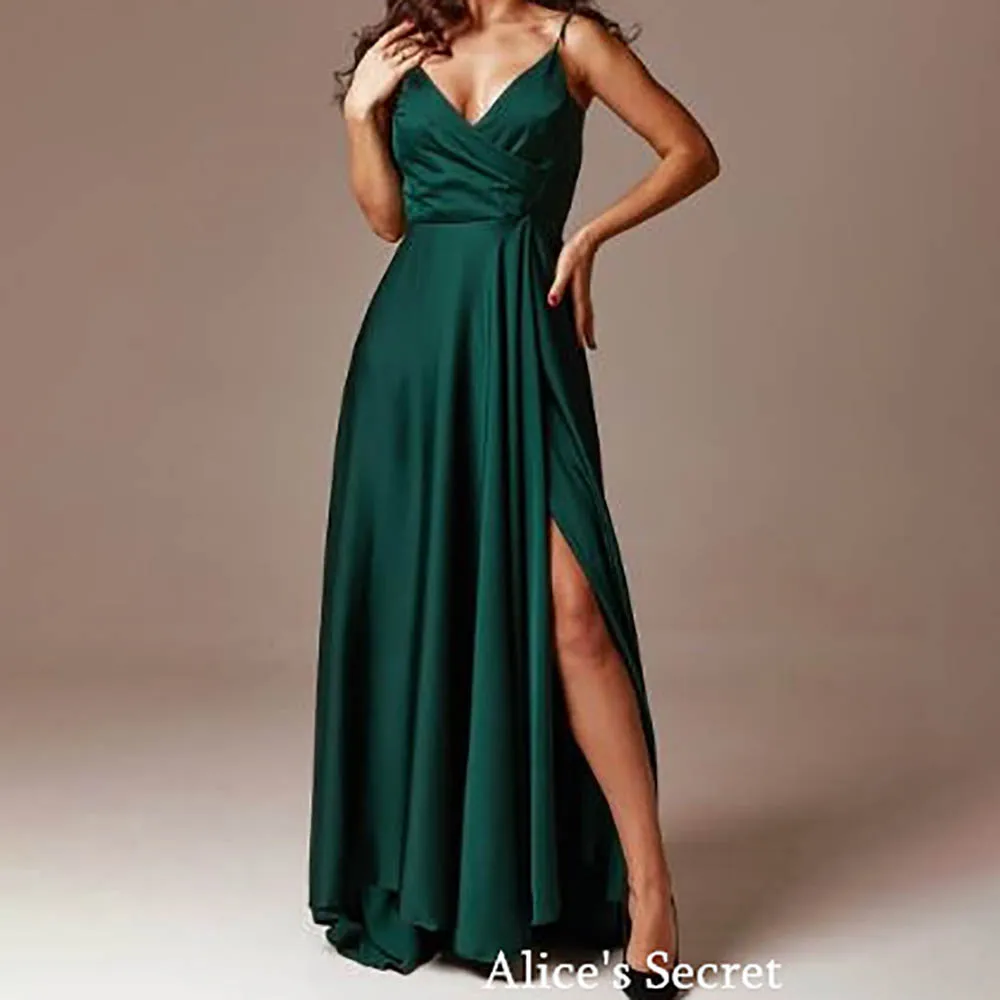 A-Line Simple Formal Evening Gown Chiffon Spaghetti Straps Sleeveless V Neck Floor Length Sweep Train Bечернее платье