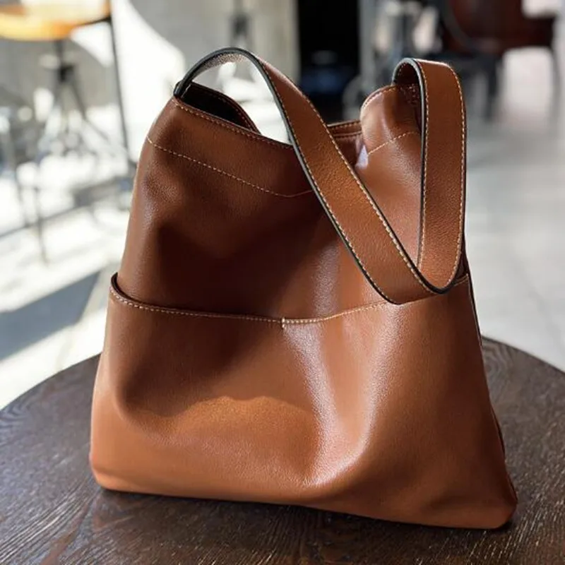 2024 new leather shoulder bag women soft head layer cowhide large capacity Tote bag lazy shopping bag