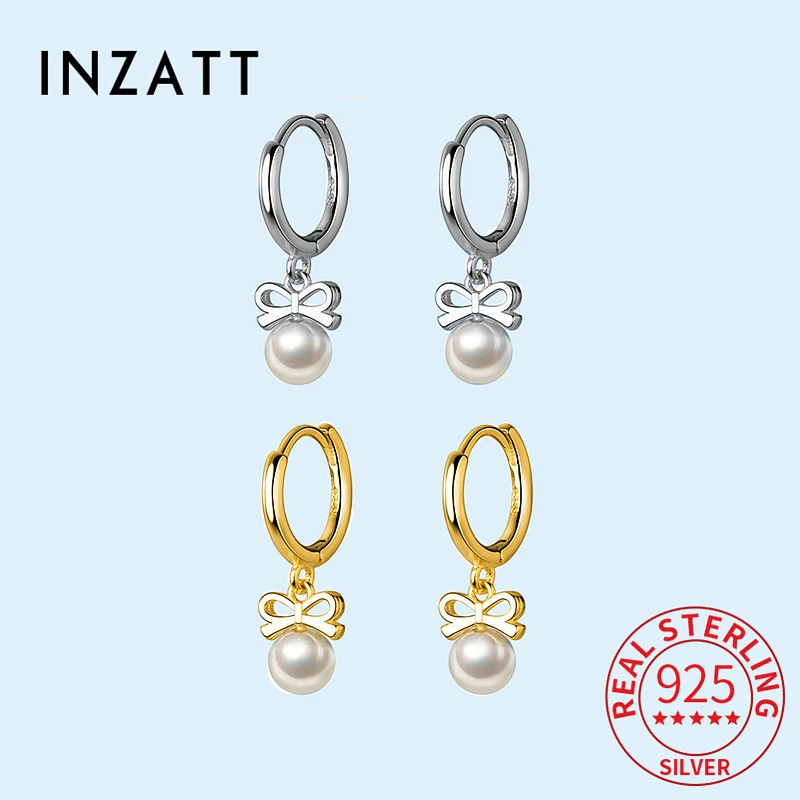 INZATT Real 925 Sterling Silver Bowknot Pendant Round Pearl 18k Hoop Earrings For Charm Women Classic Fine Jewelry Accessories