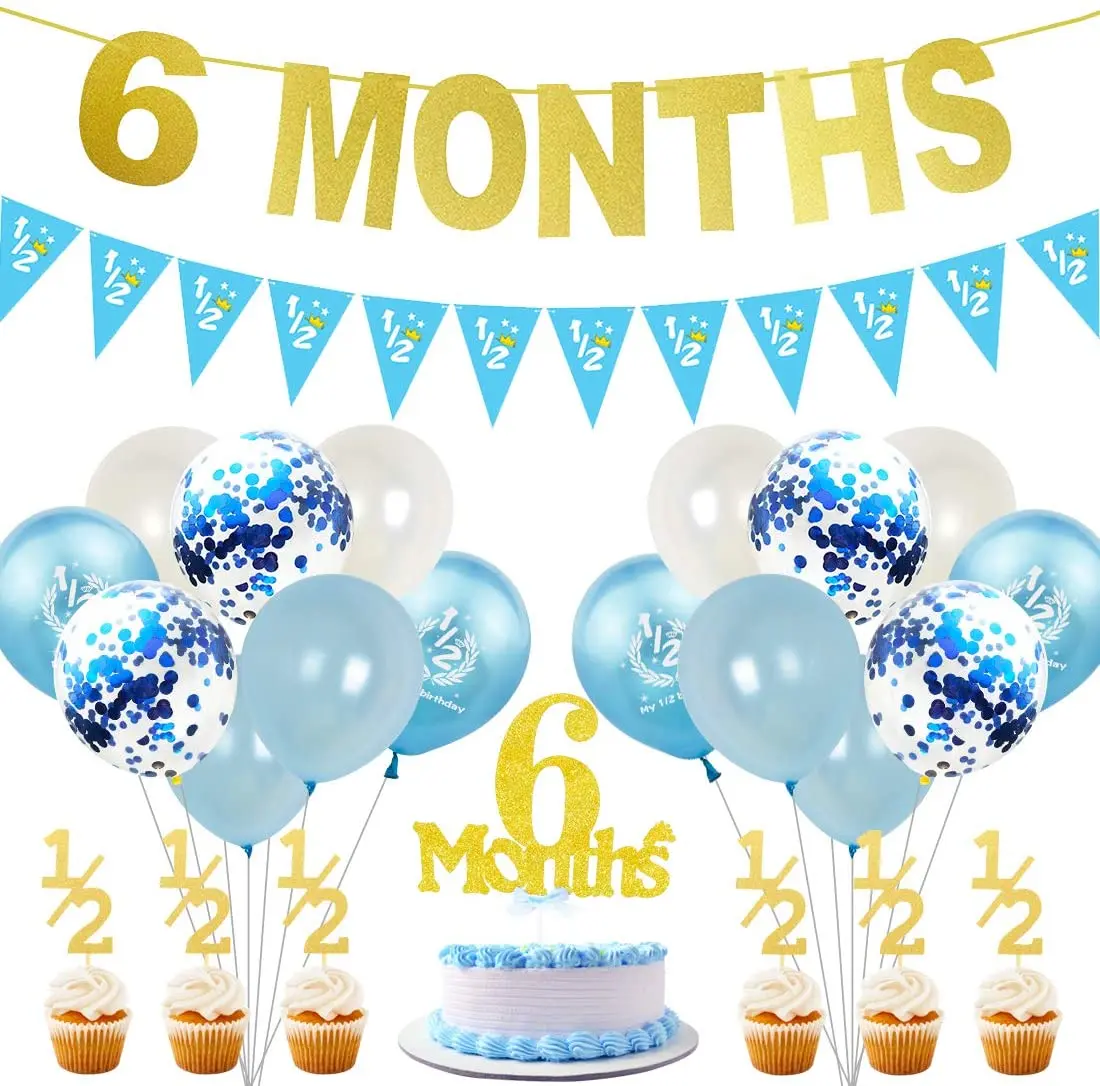 

6 Months Birthday Party Decorations for Boy Gold Half Year Banner Cake Topper Blue 1/2 Pennant Half Birthday Party Supplies