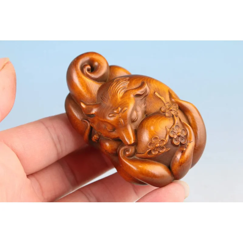 Japanse buxus handgesneden vos figuur standbeeld netsuke verzamelcadeau