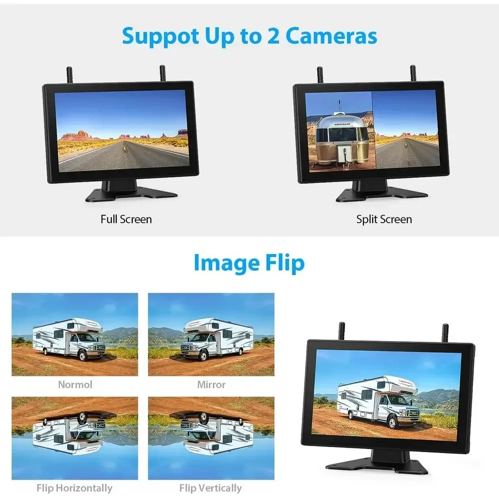 Magnetic Solar Wireless Backup Camera HD 1080P DVR 10.1" Touchscreen Monitor, Dual RV Backup Cameras Wireless System for RV Trai view 4