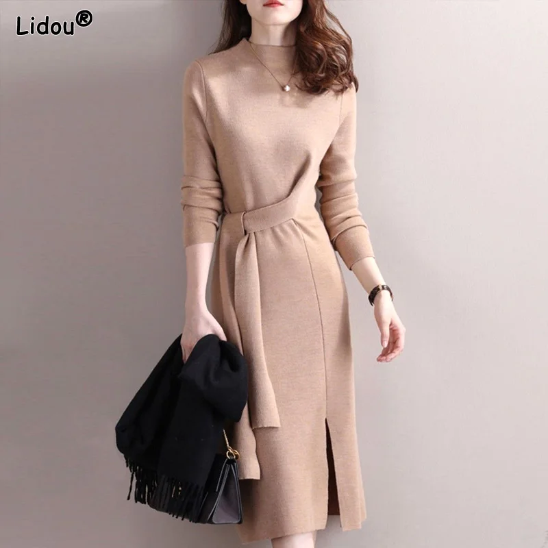 

2022 Women's Clothing Knee-length Solid Asymmetrical Temperament Dresses Skinny Knee Skirts Autumn Winter Thin Elegant Fashion