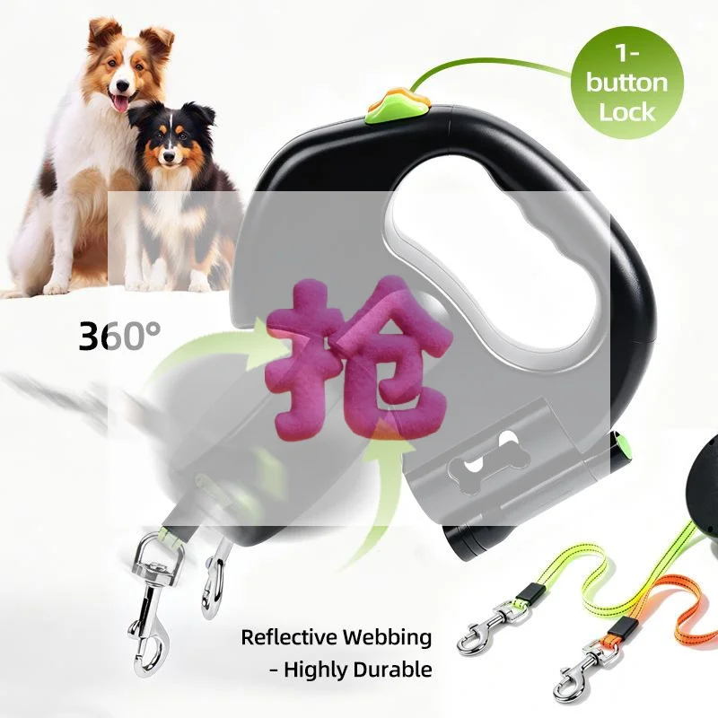 

360 Degree Double-Ended Dog Leash Auto Retractable Traction Rope With Flashlight Poop Bag Box For Walking Two Dogs Pet Leash