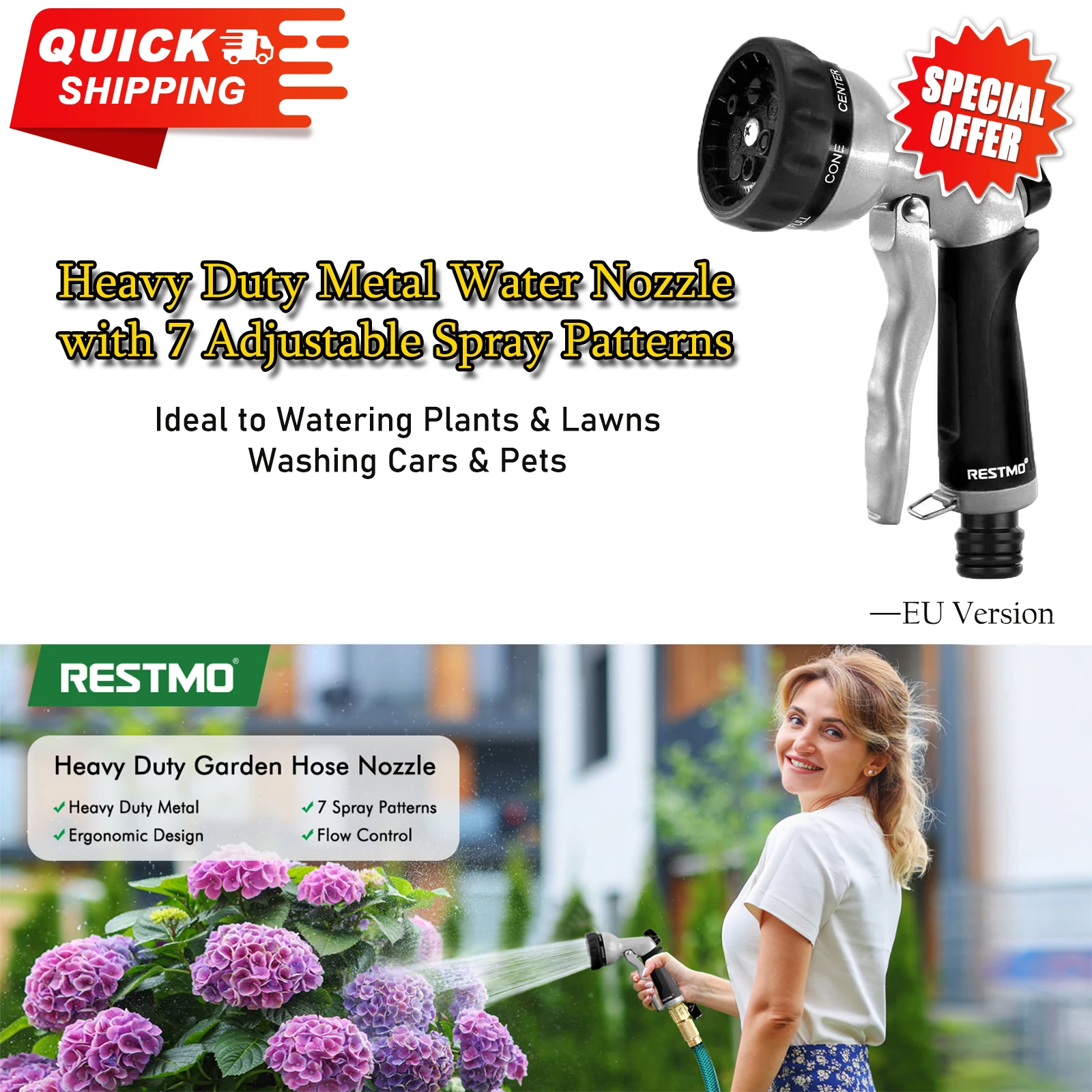 

Насадка для садового шланга с 7 регулируемыми узорами, ручной распылитель высокого давления с контролем потока для полива растений, мытья автомобилей/домашних животных