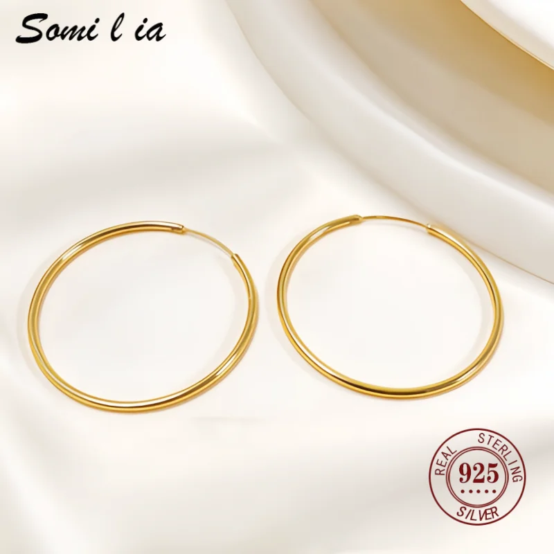 SOMILIA 18K Gold Advanced Large Circle Hoops Earrings For Women Wedding Classic Simplicity Accessories Trend Jewellery