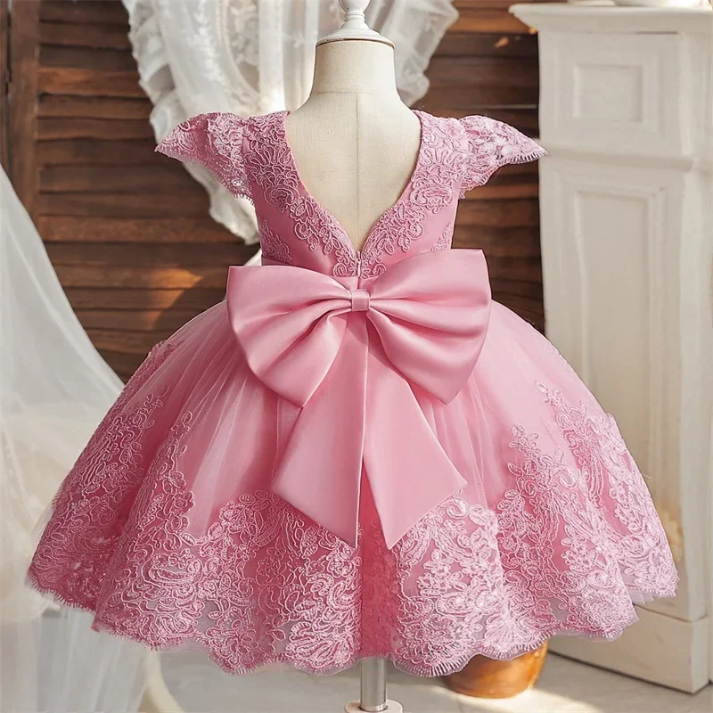 Baby Girls Pink Princess Dress for 1st Birthday Party Backless Embroidery Big Bow Wedding Tutu Gown Girls Baptism Formal Costume