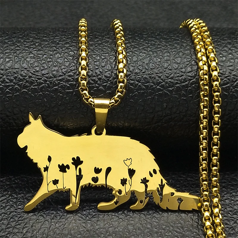 Cute Cat Flower Kitty Pendant Necklace for Women Men Stainless Steel Silver Color Animal Lover Chain Necklaces Jewelry collar