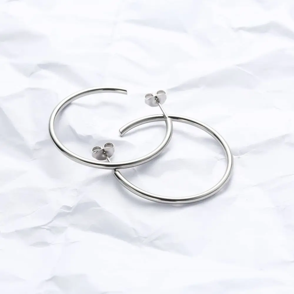 TGNEL TA2 Pure Titanium Hoop Earrings Open C Titanium Hoops for Women 9mm-50mm Small/Big Lightweight Round Hypoallergenic