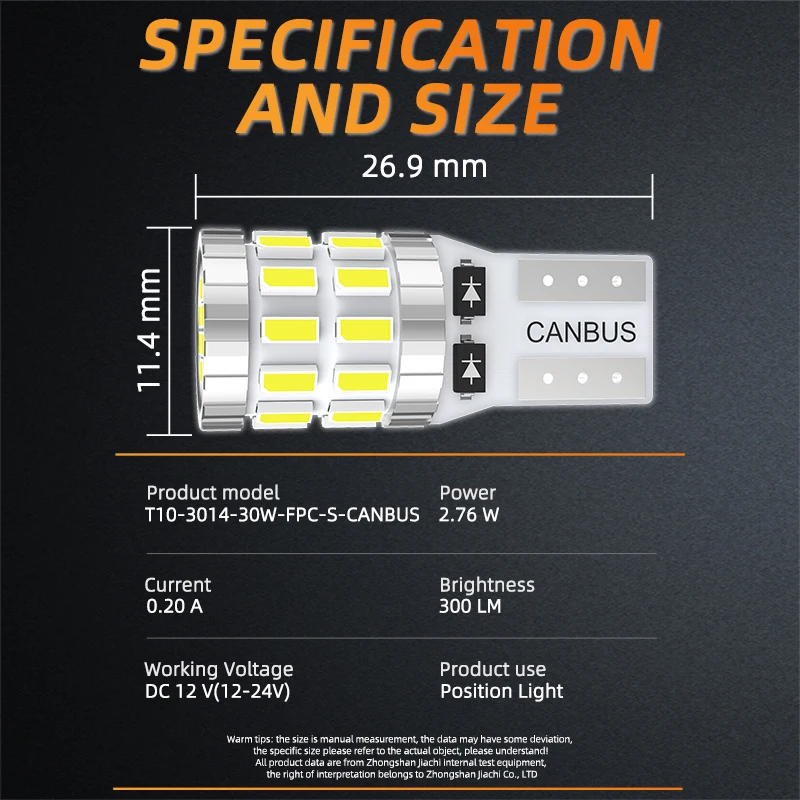 JIACHI 100 قطعة W5W 194 168 لا خطأ T10 Led Canbus لمبات مصباح 12-24 فولت 3014 30SMD لملحقات السيارات وقوف السيارات الضوء أزرق أحمر أصفر