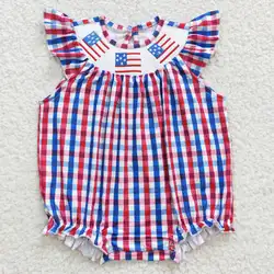 Newborn July 4th Romper Embroidery Flag Jumpsuit Toddler Kid Children Baby Girl Smocked Gingham Overall Bubble Newborn One-piece