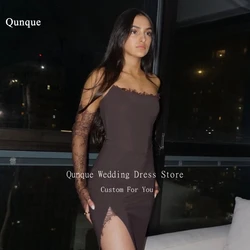 Qunque Sexy Mermaid Evening Dresses Brown Satin High Slit Lace Strapless Prom Dresses Long Sleeves Vestidos De Noche Customized