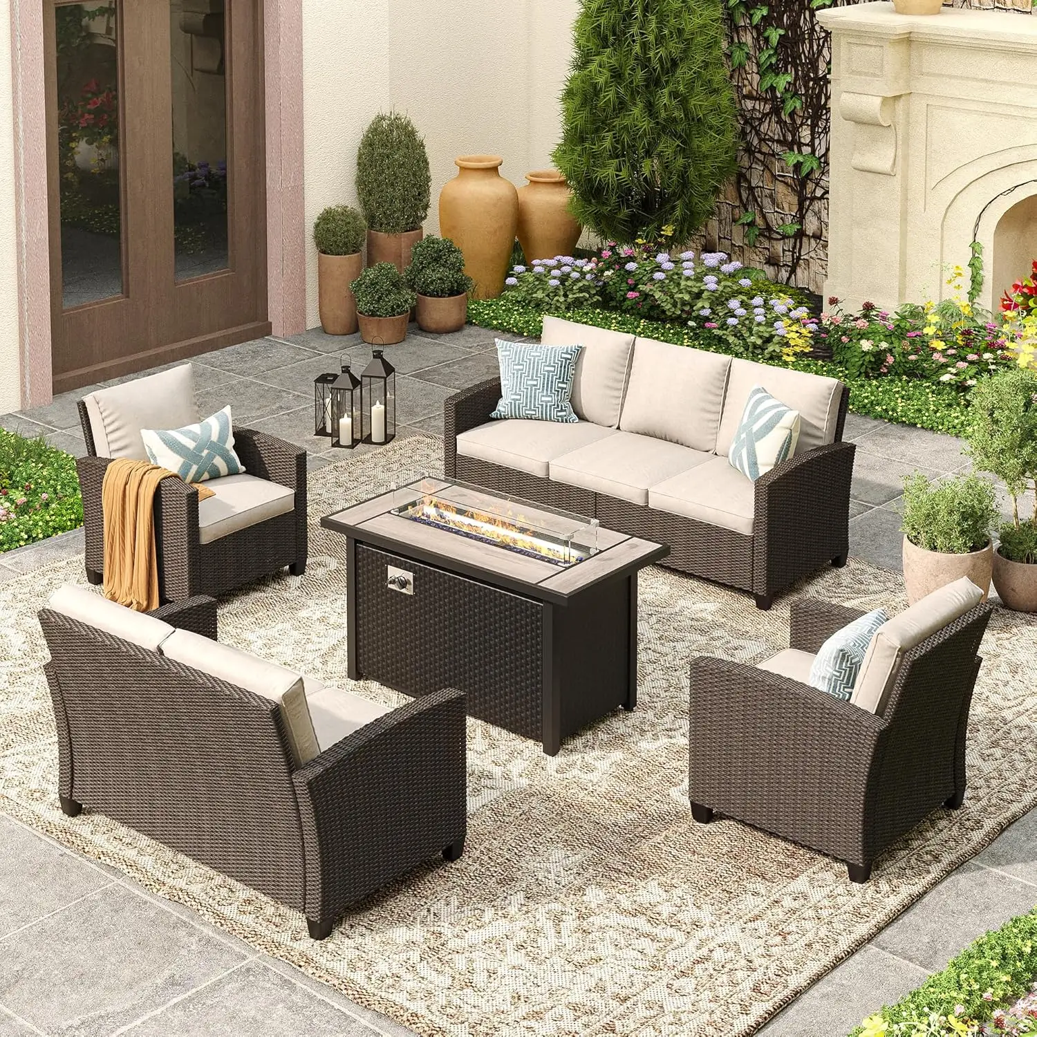 

5 Pieces Wicker Patio Furniture Set with Fire Pit Table 45" Ceramic Top, 3-Seat Sofa, 2 Single Chairs, 1 Lover Sofa